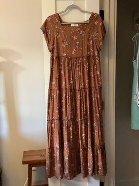 NATURAL LIFE Rust Floral Tiered Maxi Dress with Pink Accents